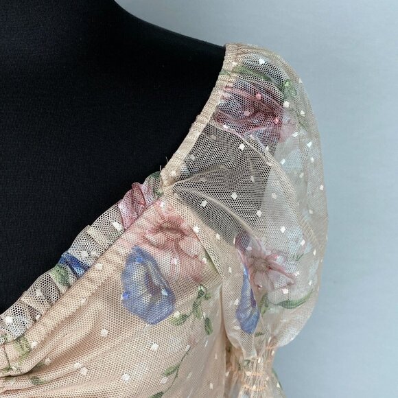 Willow Top Crop Floral Semi Sheer Ruffled Bohemian Polka Dot Pretty M - Picture 4 of 7